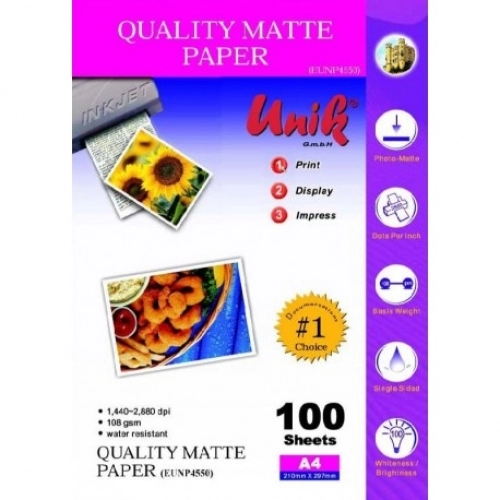 کاغذ کوتد 108 گرم یونیک سایز A4 بسته 100 برگی کاغذ کوتد 108 گرم یونیک سایز A4 بسته 100 برگی